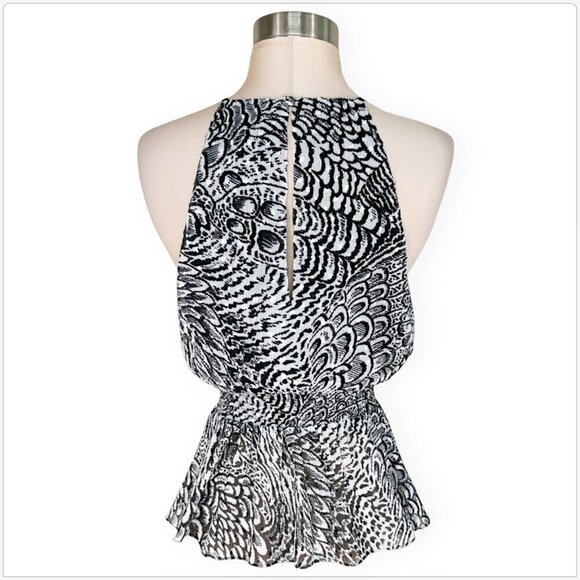 BCBGMaxAzria BCBG Black White Combo Pleated Peplum Smocked Waist Top NWT NEW S - Picture 4 of 5